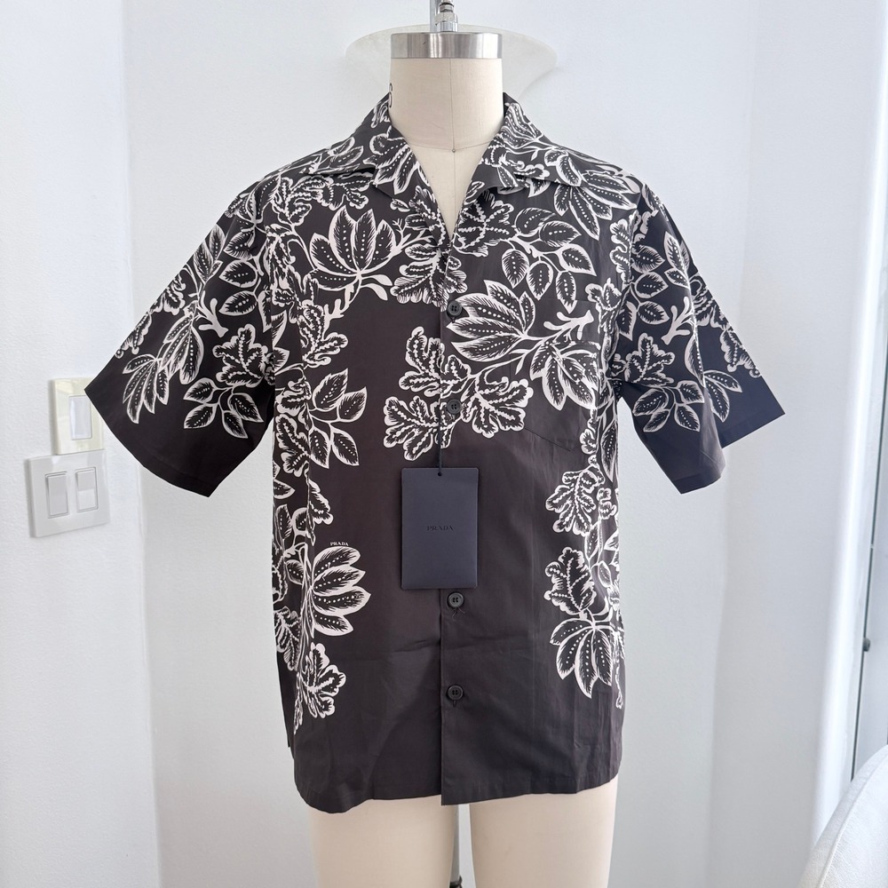Prada Mens Popeline Fern Floral Print Shirt Brown White UCS414 Size M NEW